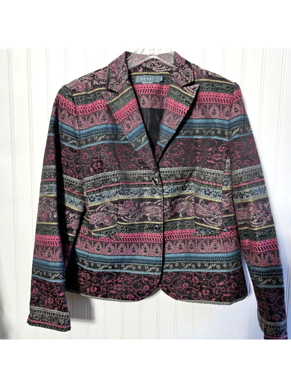 Vintage 90s Koret Baroque Paisley Blazer 8 Black Multi Retro Artsy Festival Boho